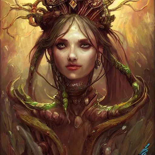 Image similar to Lady Yggdrasil Queen Portrait Portrait Portrait Planescape Torment Vagrant Story Character Time Druid Face Head Eyes Jordan Grimmer Oleg Zherebin Till Freitag Tamas Medve Todor Hristov Ilya Repin