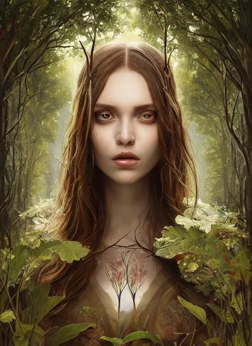 Image similar to a highly detailed symmetrical painting of a female druie with piercing beautiful eyes in forest meadow, dynamic lighting, ambient lighting, trending on artstation, art by artgerm and karol bak and mark brooks