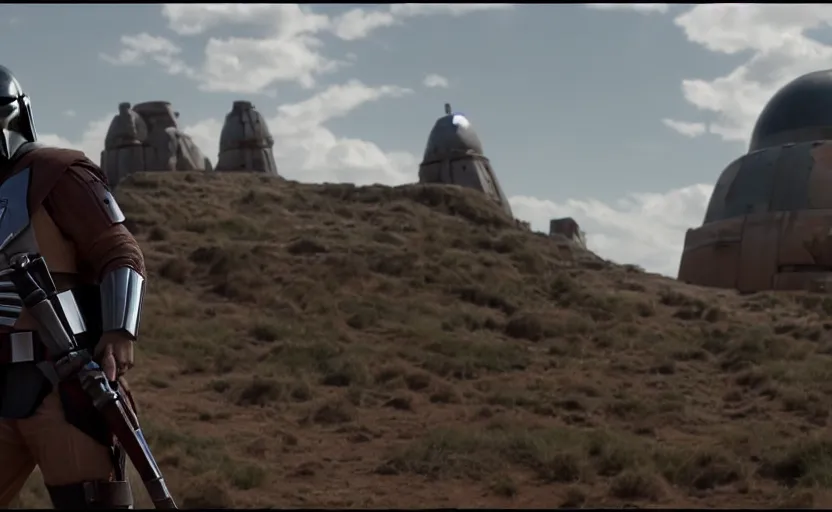 Image similar to still image screenshot portrait of luke skywalker in mandalorian armor on the new episode of the mandalorian disney + bounty hunter soldiers in front of a strange building, moody mining planet, anamorphic lens