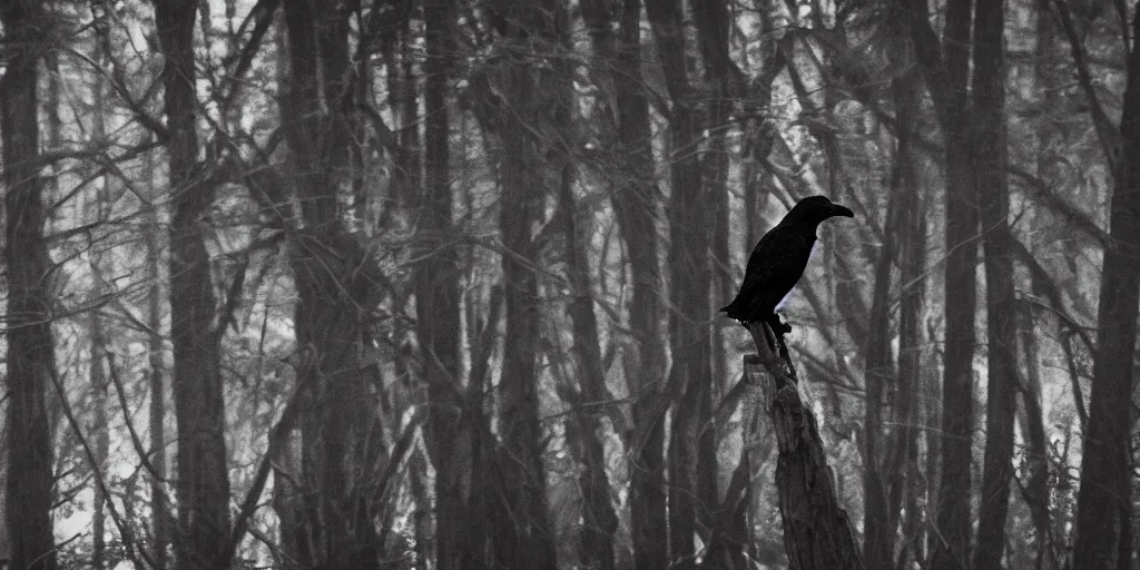 Image similar to mixture between an crow and!!!! human, photograph captured in a dark forest