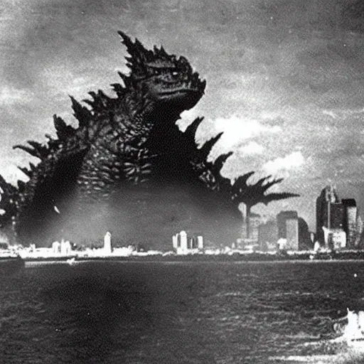 Image similar to godzilla attacking albany, old movie