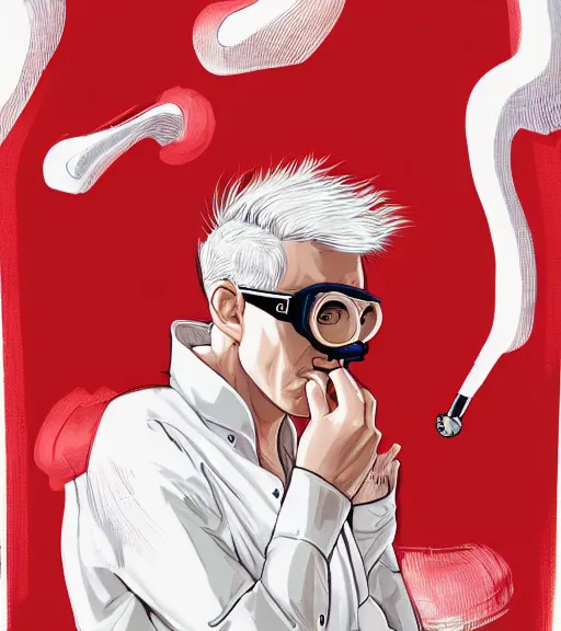 Image similar to young man in red jacket and white shirt, white hair, round goggles, smoking cigarette, character portrait, sharp focus, illustration, high detailed