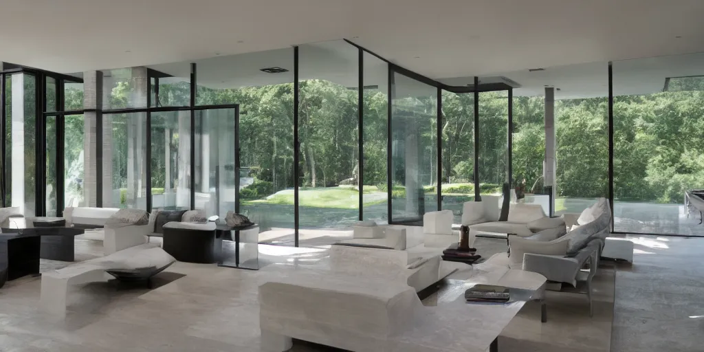 Prompt: grey brick glass contemporary modern hamptons mansion living room concept interior design next to body of water by mcalpine house, by jackson & leroy architects