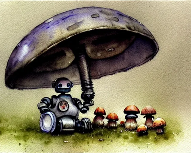 Image similar to a cute little robot sitting on the ground under mushrooms, hiding from the rain. gray sky, rain clouds, heavy rain. watercolor painting by jean - baptiste monge, muted colors