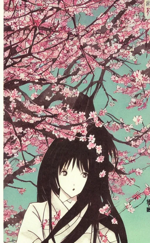 Prompt: by akio watanabe, manga art, realistic anatomy, girl and blossoming sakura branch, trading card front, kimono, sun in the background