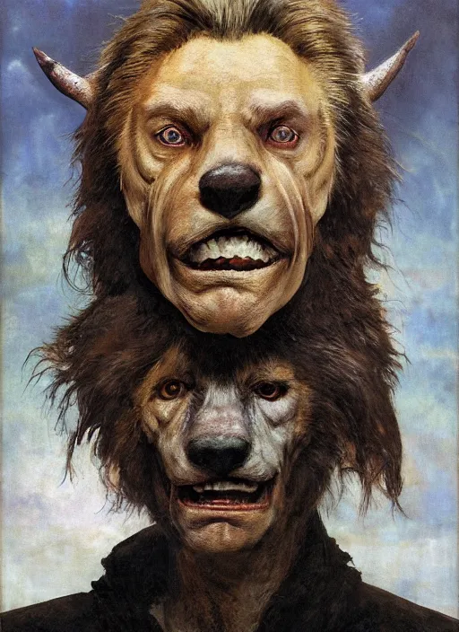 Prompt: closeup portrait biblical daemonic christopher walken! in a dog mask, by mikhail vrubel, by peter elson, muted colors, extreme detail, trending on artstation, 8 k