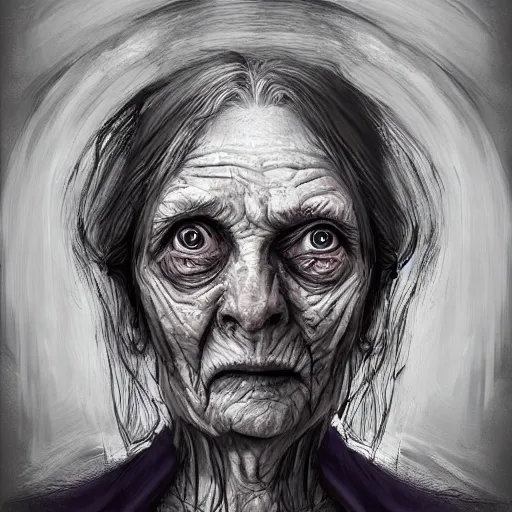Image similar to portrait, headshot, photo of an old creepy woman, muntant, hyperdetailed, concept art,-H 768