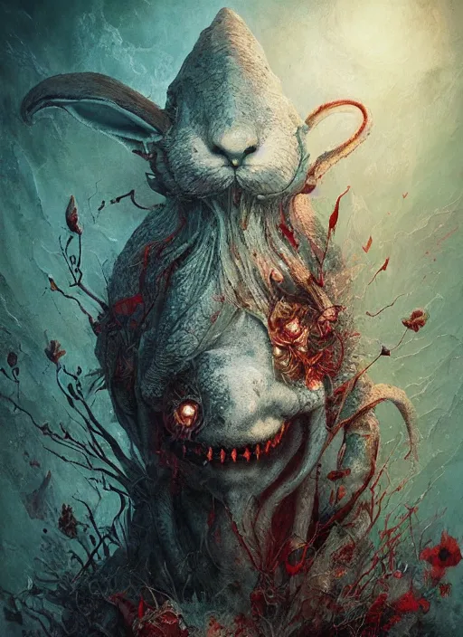 Image similar to white rabbit, call of cthulhu, highly detailed, cinematic, 8 k, by megan duncanson, benjamin lacombe, adrian borda, stanley artgermm, tom bagshaw, craig mullins, carne griffiths, ayami kojima, beksinski, giger, trending on deviantart, hyper detailed, horror, full of colour