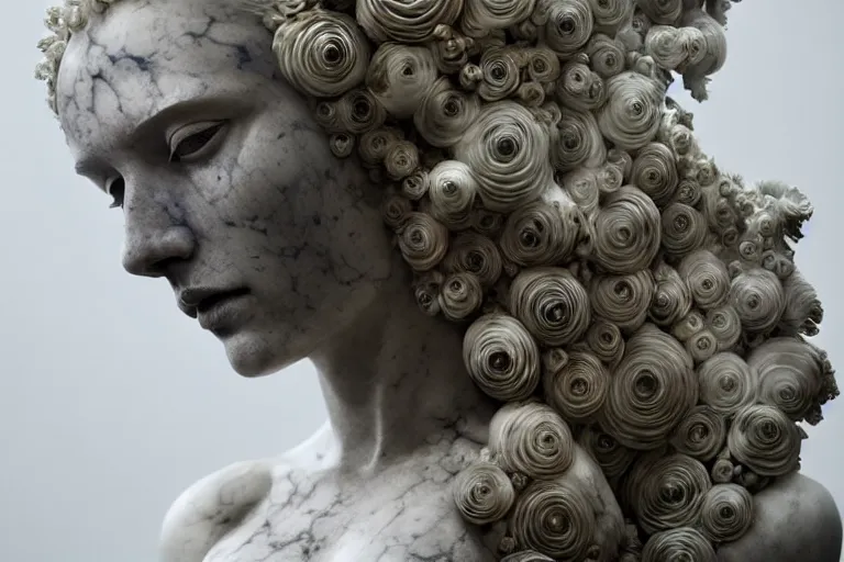 Prompt: a sculpture of a beautiful woman with flowing tears, fractal flowers on the skin, intricate, a marble sculpture by nicola samori, behance, neo - expressionism, marble sculpture, apocalypse art, made of mist, still frame from the prometheus movie by ridley scott with cinematogrophy of christopher doyle, arri alexa, anamorphic bokeh, 8 k