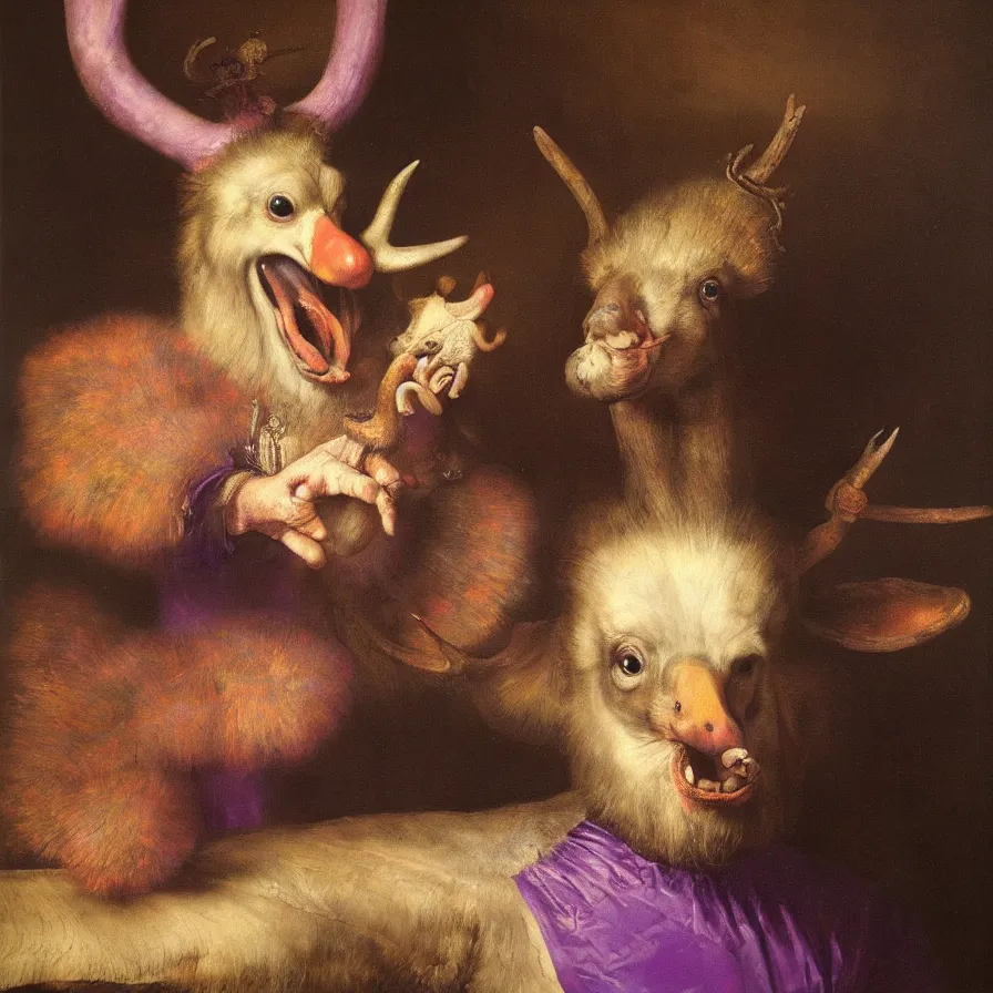 Prompt: hyper realistic painting by rembrandt, studio lighting, brightly lit purple room, a goose with antlers laughing at a giant crying rabbit with a clown mask