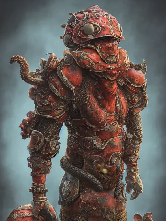 Image similar to full body frontview portrait of single stoic warrior with octopus armour, character study, designed in blender, 4 k hd, octane render, intricate and highly detailed, coloured with lots of colour, cinematic, posing,