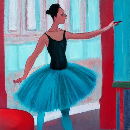 Image similar to painting of a ballerina drinking wine in a teal room, red background