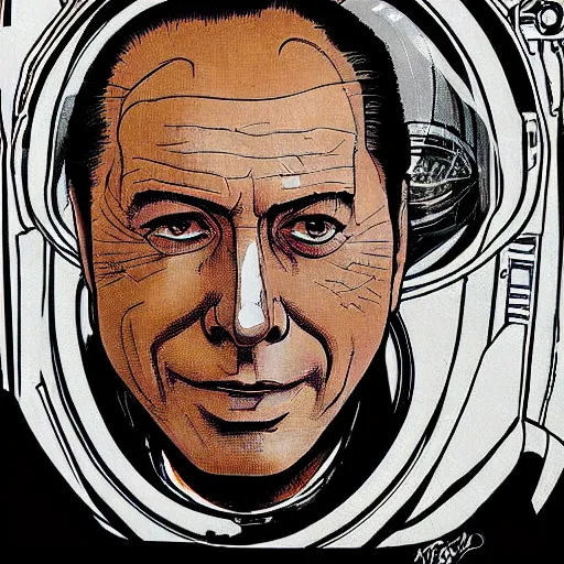 Image similar to portrait of berlusconi naraka astronaut painted in miyazaki color style drawn by katsuhiro otomo and takato yamamoto, high detail, intricate linework, sharp, monster face, perspective, manga and anime