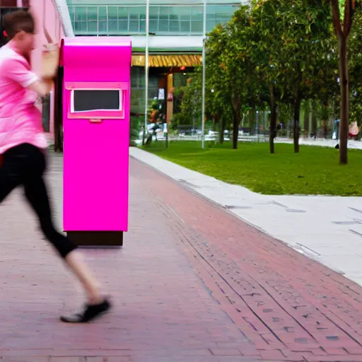 Image similar to a pink letter box with human legs running around in a shopping center