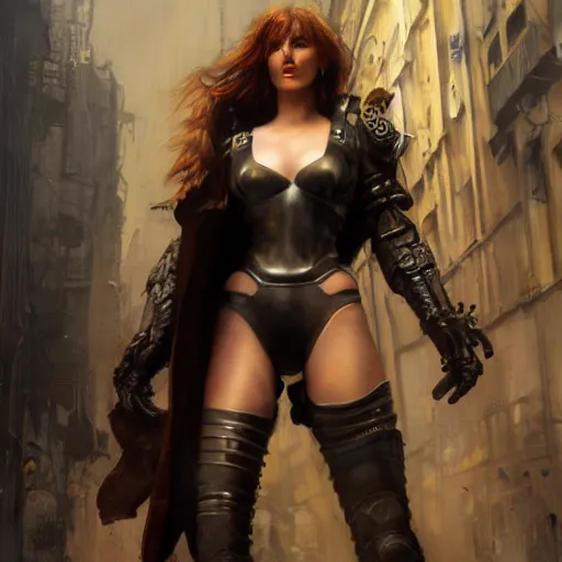 Image similar to bella thorne wearing leather armor, hyperrealistic full figure, bladerunner street alley, art of elysium by frank frazetta and by jeremy mann and by alphonse mucha, fantasy art, photo realistic, dynamic lighting, artstation, full figure poster, volumetric lighting, very detailed face, 4 k, award winning