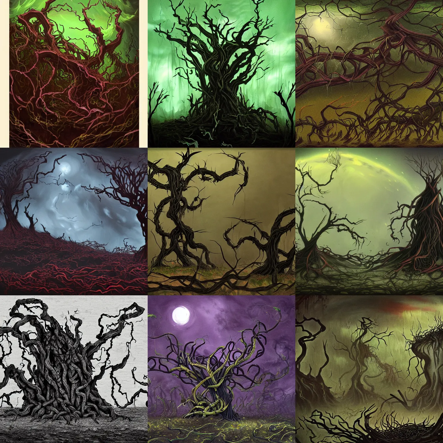 Prompt: a landcsape corrupted by a dark vine with numerous big thorns, painted in a surreal dark fantasy style