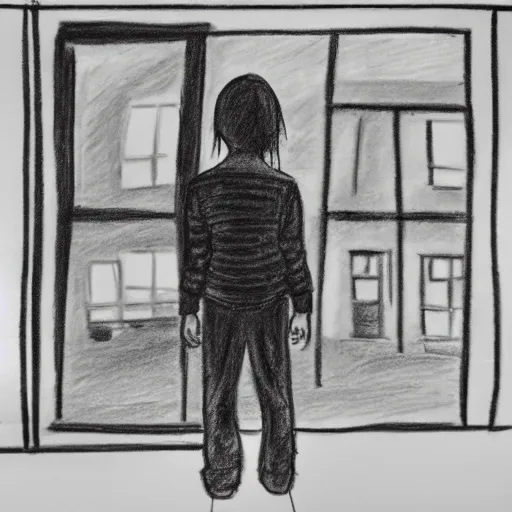 Image similar to a child\'s crayon drawing, showing a girl standing, holding hands of her monochrome transparent parents, looking at a building on fire, from behind, album cover