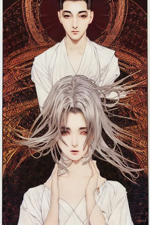 Image similar to beautiful medium shot manga portrait of mahmood inspired by ayami kojima with short hair dressed with a white t - shirt, white background white bank studio light, art by yoshitaka amano, alfons mucha, hiroaki samura, jiro matsumoto and yusuke murata, sharp focus, high quality, 8 k