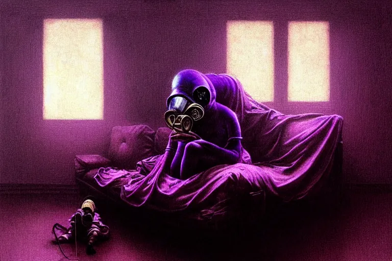 Image similar to girl with wearing a gas mask lying on the sofa reading a book in her room, in the style of beksinski, intricate and epic composition, purple by caravaggio, insanely quality, highly detailed, masterpiece, purple light, artstation, 4 k