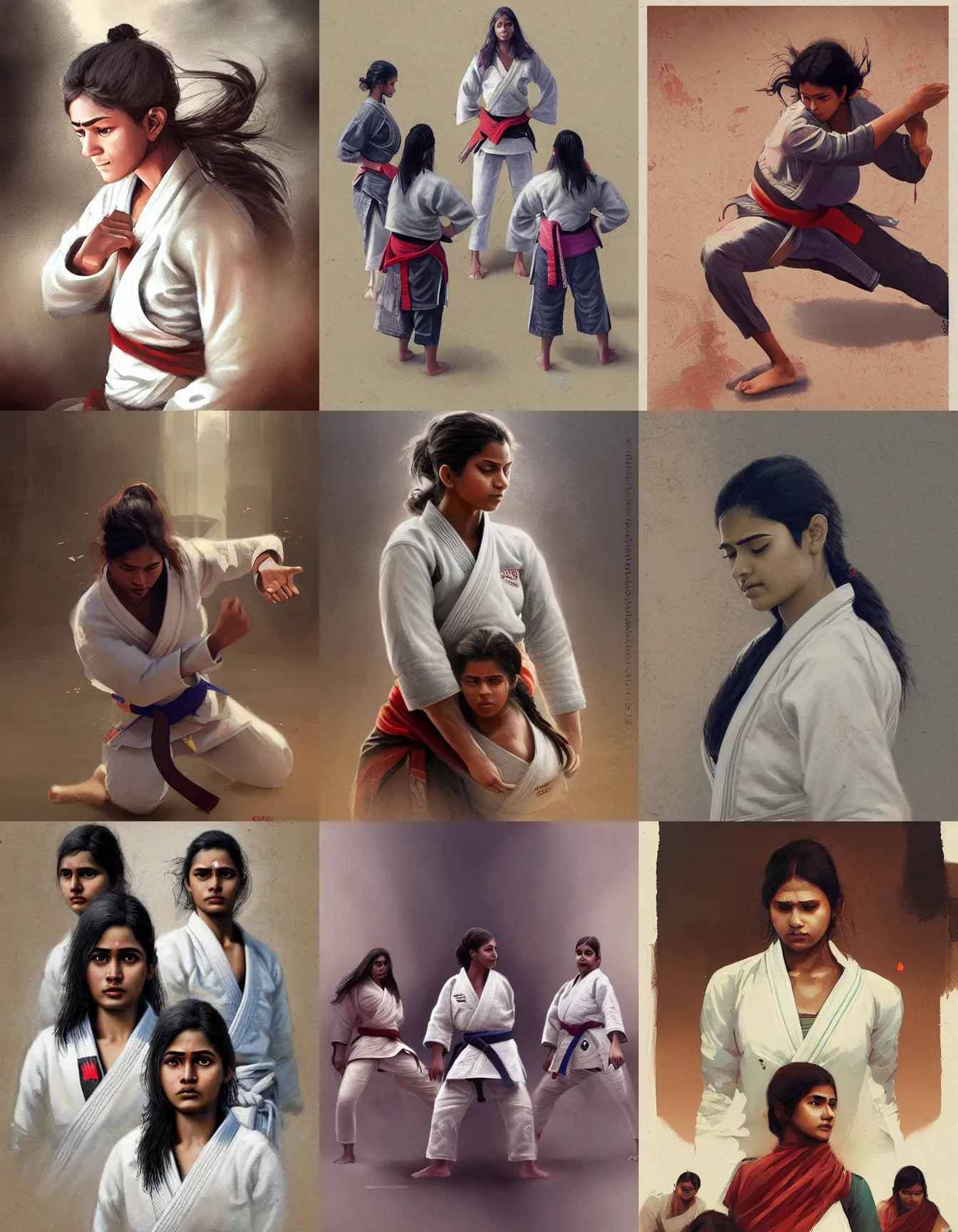 Prompt: a group of young indian women learning judo, digital portrait by greg rutkowski, intricate, soft focus, highly detailed, cinematic, epic, artstation