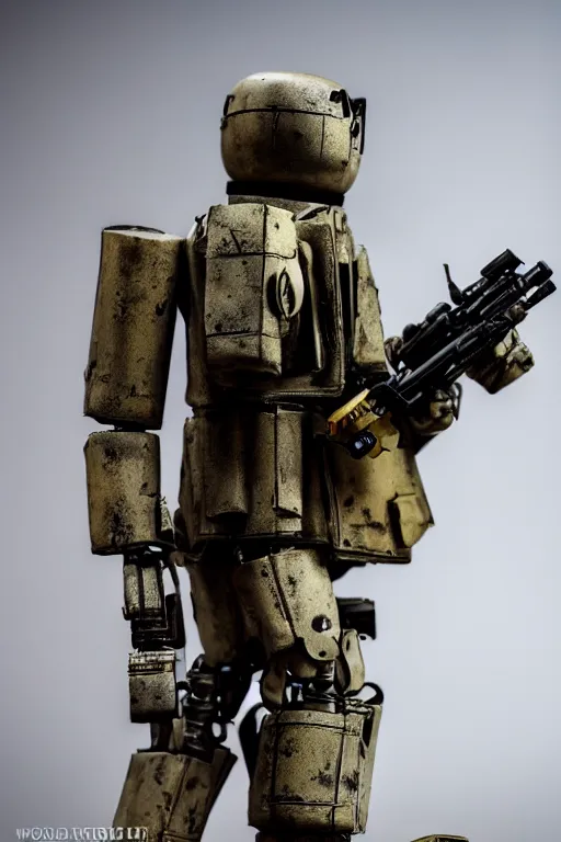 Prompt: a cinematic photo shot of a beautiful 1 : 6 scale threea toys figurine by ashley wood, world war one robot, intricate dark background, dramatic light