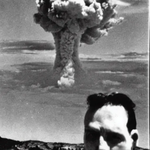 Prompt: last human selfie, horror color photo selfie, nuclear explosion in background