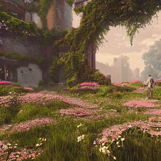 Prompt: A ruined city overgrown by flowers, octane render, 8K, depth of field, By WLOP