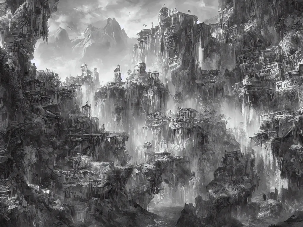 Prompt: impressive concept art of crooked ancient town, artstation, ink, black white, hills, waterfall, river, dominating palace with white walls on top of the hill