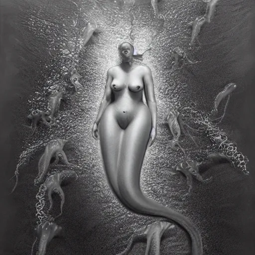 Prompt: By Jason deCaires Taylor, ultra realist soft painting of a squid parade by night, beautiful mermaid in curvy bodysuit, symmetry accurate features, very intricate details, omnious underwater environment, black and white, volumetric light water