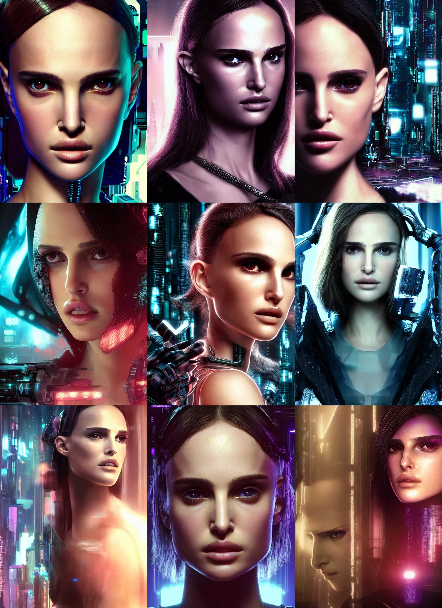 Prompt: cyberpunk portrait of beautiful cyber Natalie Portman, young Natalie Portman, cyberpunk, photorealistic, octane render, beautiful eyes, 35mm, coherent, intricate, 4k, intricate details, concept art, studio lighting, trending or artstation, award winning, hyperrealistic, 8k, hd