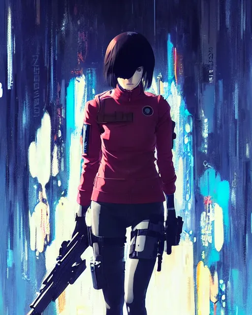 Image similar to girl wearing in tactical gear | | audrey plaza, fine detail!! anime!! realistic shaded lighting!! dramatic!! poster by ilya kuvshinov katsuhiro otomo ghost - in - the - shell, magali villeneuve, artgerm, jeremy lipkin and michael garmash and rob rey