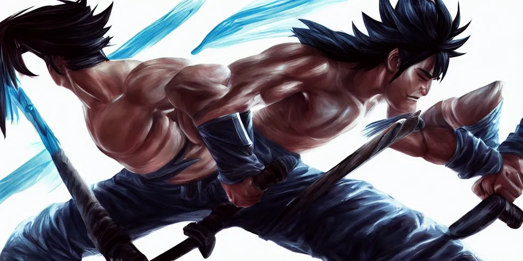 Prompt: Yasuo from League of Legends doing sit-ups, photorealistic, highly detailed, exercise