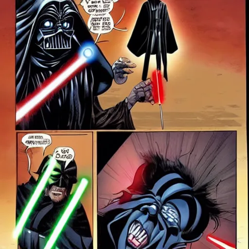 Image similar to morbius fighting darth vader with a lightsaber