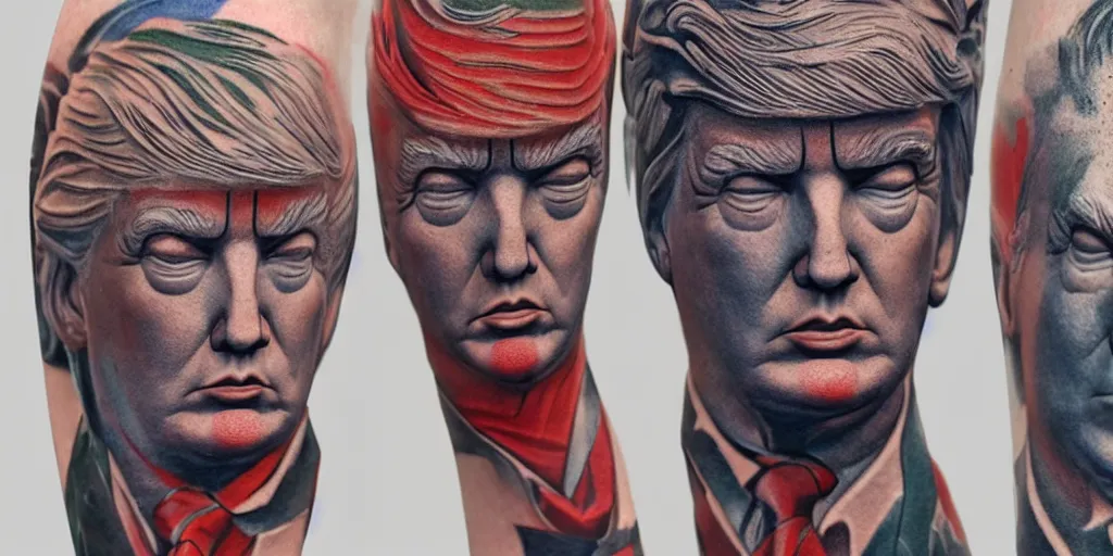 Image similar to man with trump tattoo mystical statue woman, highly detailed, 8 k, masterpiece, super resolution.