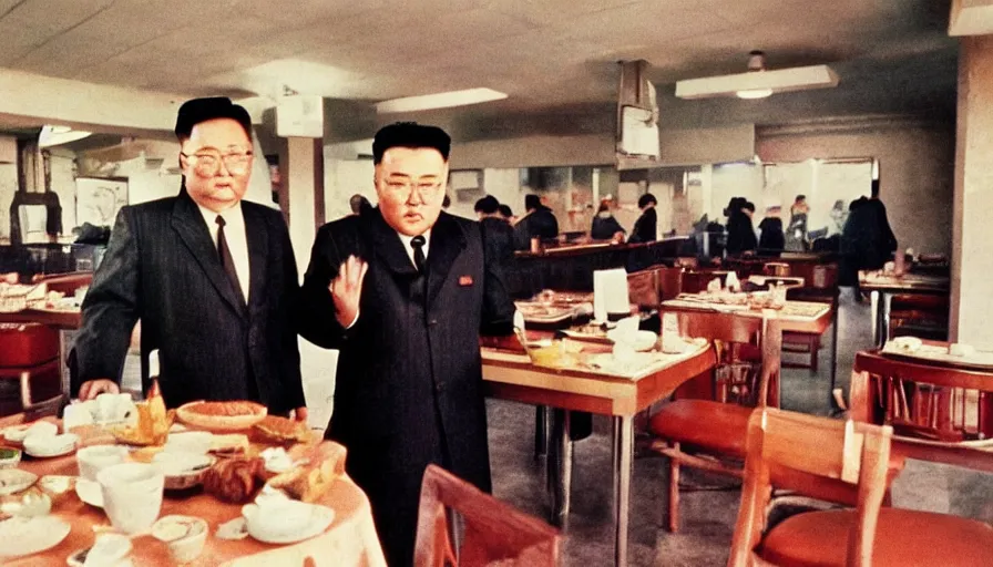 Image similar to 70s movie still of north korean restaurant with kim il-sung portrait, eastmancolor, heavy grain, high quality, higly detailed