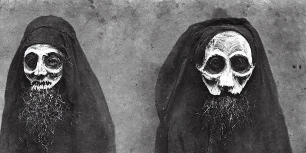 Image similar to hermit wearing a scary painted mask, 1900s picture