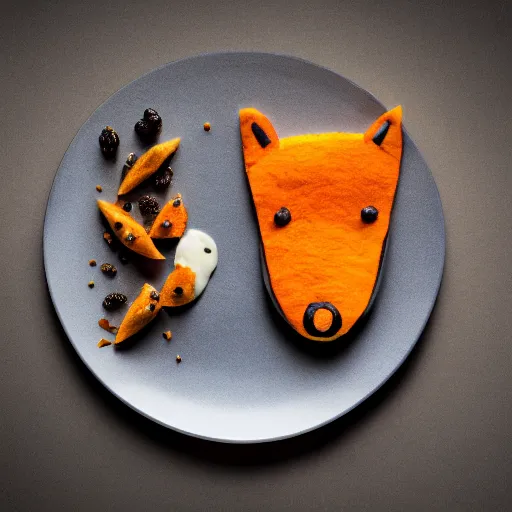 Prompt: studio photography of dinner food in the shape of a fox