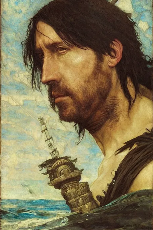 Image similar to trent reznor as a pirate king, god of the ocean by edgar maxence and caravaggio and michael whelan and delacroix