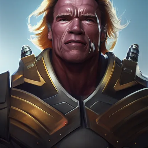 Image similar to a screenshot of arnold schwarzenegger as reinhardtin overwatch, portrait, fantasy, beautiful face, vivid colors, elegant, concept art, sharp focus, digital art, hyper - realistic, 4 k, unreal engine, highly detailed, hd, dramatic lighting by brom, trending on artstation