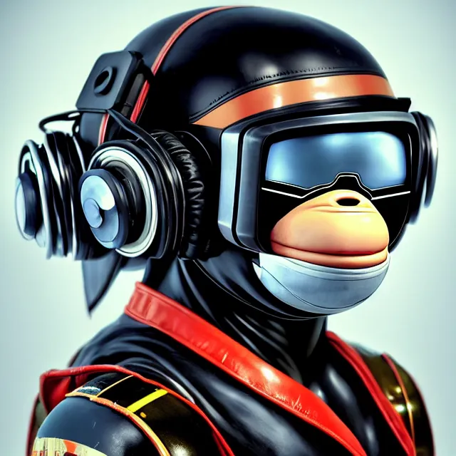 Image similar to a portrait of an anthropomorphic cyberpunk chimp in a racing helmet by sandra chevrier, detailed render, tape deck, boombox, headphones, epic composition, cybernetics, 4 k realistic, cryengine, realistic shaded lighting, sharp focus, masterpiece, by matteo scalera, gary montalbano, peter elson in the style of the tokyo ghost comic