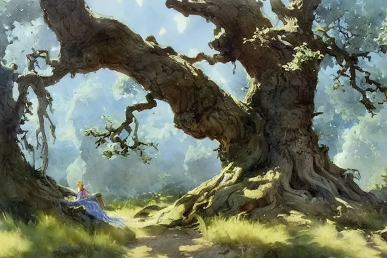 Prompt: watercolor painting of oak tree, mythological art by hans gude, romance art by hans dahl, by jesper ejsing, art by anders zorn, wonderful masterpiece by greg rutkowski, cinematic light, american romanticism by greg manchess, creation by tyler edlin