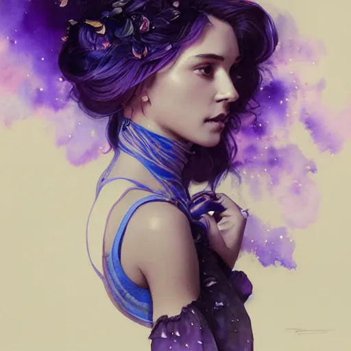 Image similar to Purple blue galaxy, Watercolor, photorealistic, high resolution, award winning, trending on artstation, intricate, elegant, highly detailed, digital painting, artstation, concept art, smooth, sharp focus, illustration, art by artgerm and greg rutkowski and alphonse mucha