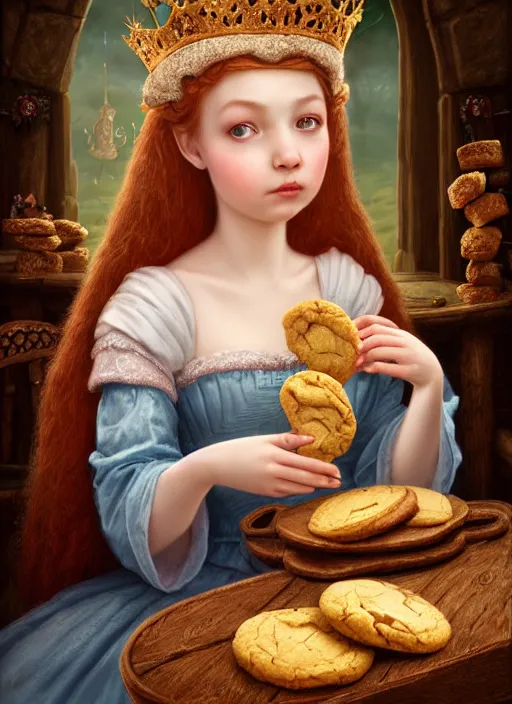 Image similar to highly detailed closeup portrait of a fairytale medieval princess eating cookies, unreal engine, nicoletta ceccoli, mark ryden, lostfish, earl norem, global illumination, god rays, detailed and intricate environment