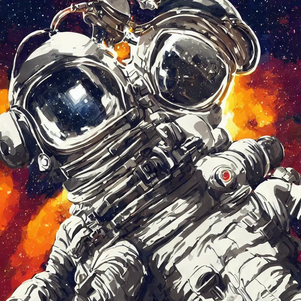 Image similar to a detailed single astronaut helmet wearing a headphone by jack kirby, digital painting, digital art, beautiful, dynamic lighting, cinematic, epic composition, masterpiece