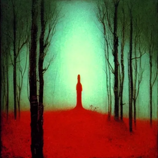 Image similar to “ tall figure in the woods, beksinski, dark, scary, red ”