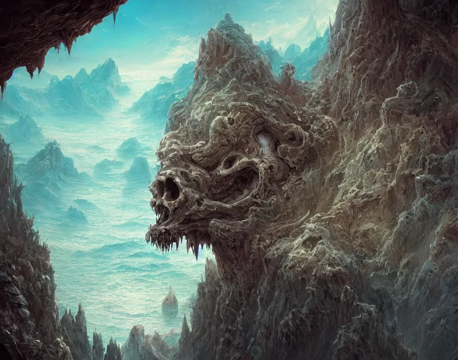 Image similar to fantasy painting of a monster skull on the edge of a cliff overseeing a vast ocean, complex, detailed, intricate abstract. delicate artwork. by Tooth Wu, wlop, beeple, dan mumford. octane render, trending on artstation, greg rutkowski very coherent symmetrical artwork. cinematic, hyper realism, high detail, octane render, 8k, depth of field, bokeh. chrome accents.