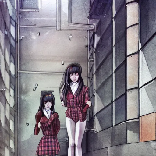 Prompt: a perfect, realistic professional digital sketch of a Japanese schoolgirls posing in a futuristic alleyway, style of Marvel, full length, by pen and watercolor, by a professional American senior artist on ArtStation, a high-quality hollywood-style sketch, on high-quality paper