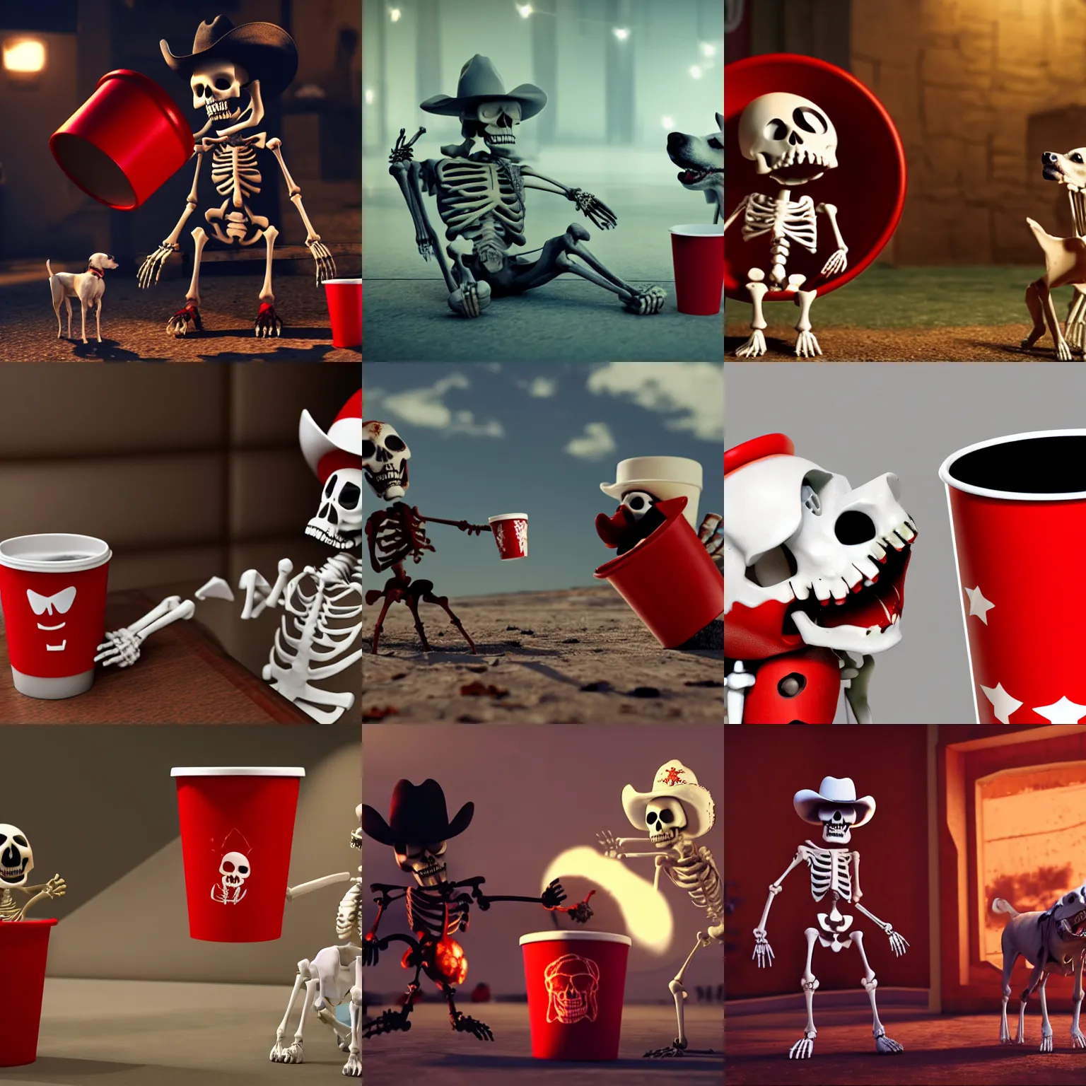Prompt: a cartoon skeleton in a cowboy yelling at a white dog that is sitting inside of a red cup. octane render. trending. cinematic. epic. highly detailed. 8 k