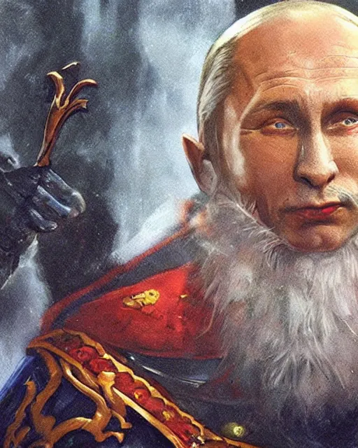 Prompt: Vladimir Putin, dressed as an evil Dungeon and Dragons wizard, on a Magic the Gathering card, high resolution photo,