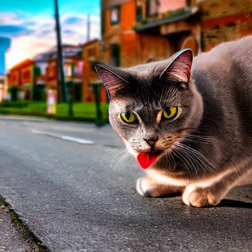 Image similar to robot cat in a street the cat's eye is red and the weather is sunny photo realistic 4 k